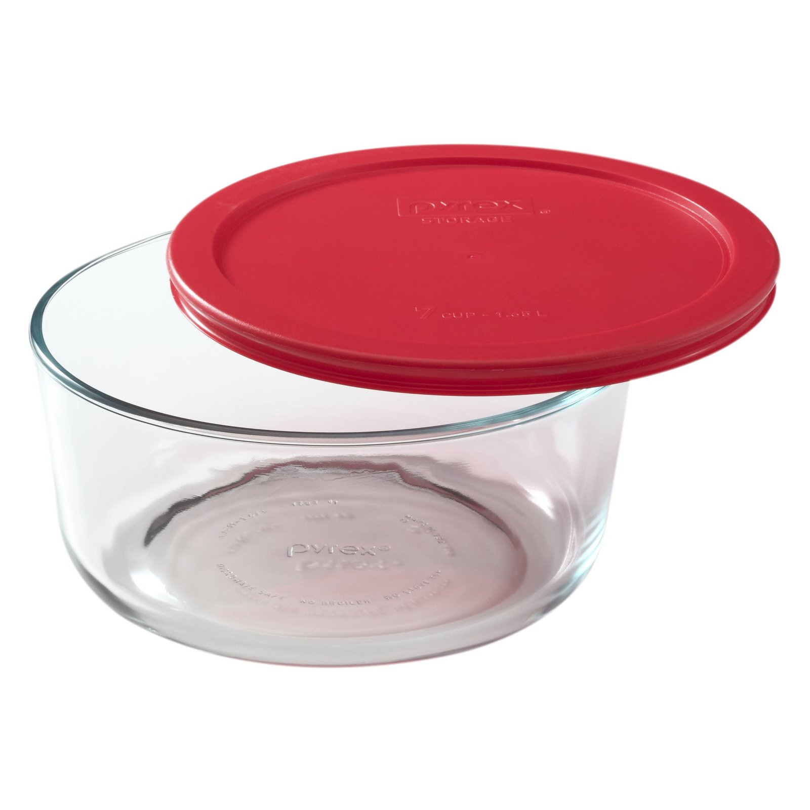 pyr_storage_plus_7c_rnd_dish_red_plstc_cvr_1075429_85e01999-b7dd-43ff-a945-91a8d6c4658f.jpg Kitchen Galaxy 7-cup Glass Food Storage Container with Red Lid - Image 1